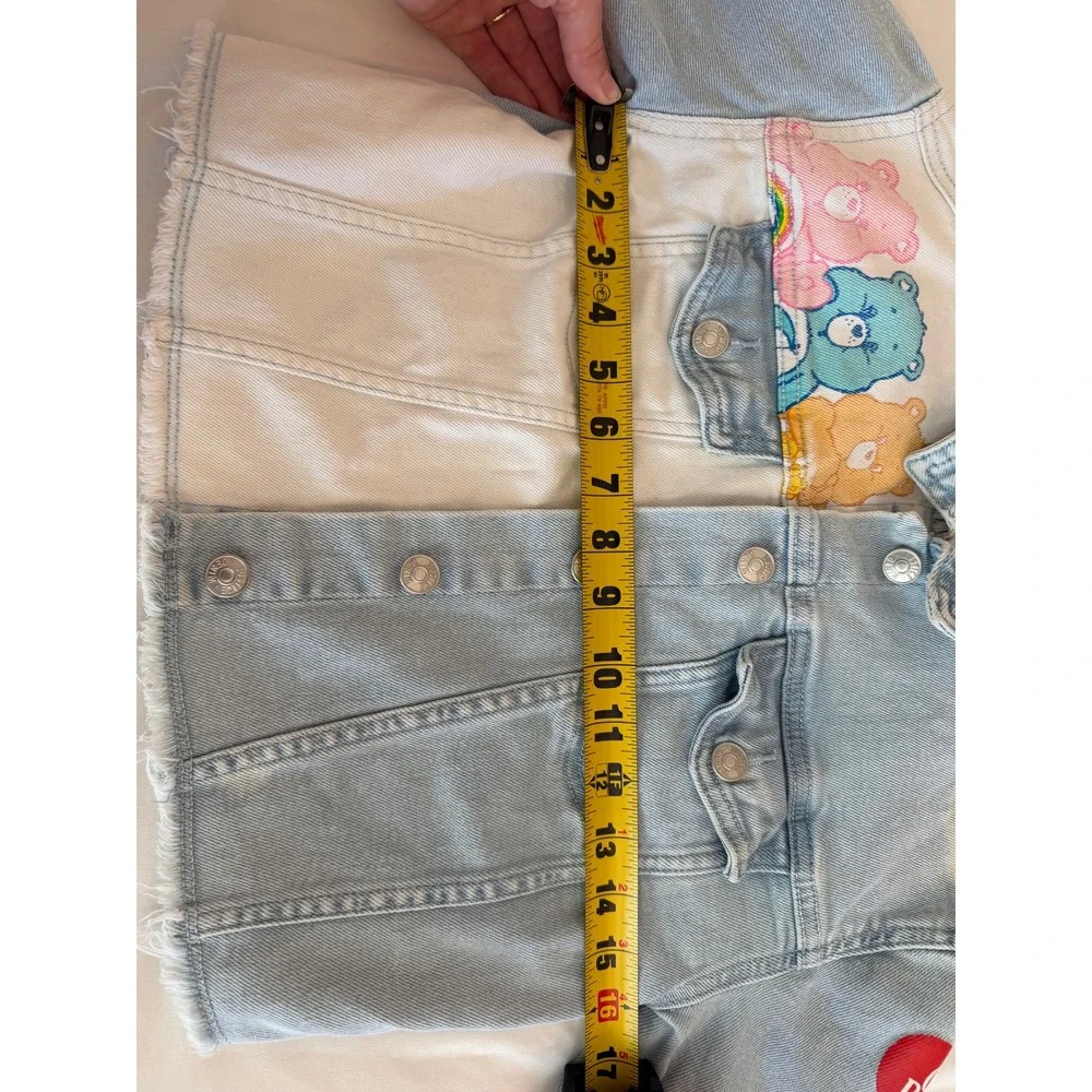 Justice Care Bears Girls Denim Jacket Blue White Colorblock Frayed Hem Size 7/8